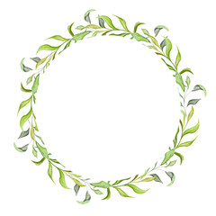 Obraz premium Elegant green leafy spring wreath, blueberry leaves. Romantic botanical watercolor circle frame, white background. Ideal arrangement for wedding, christening invitations, greeting card, save the date