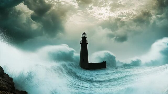A lighthouse is in the middle of a rough sea. The waves are crashing against the rocks and the lighthouse is barely visible. Scene is one of danger and uncertainty