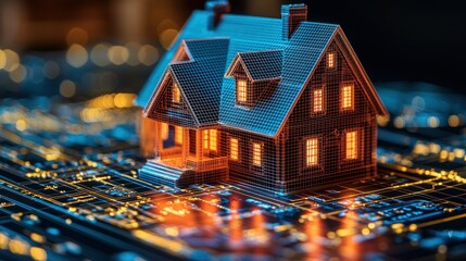 House model on a circuit board with warm lights