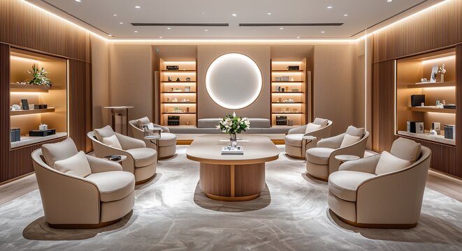 Minimalist meeting room with neutral colors comfortable chairs and a central conference table The simplicity and clean lines ensure a distraction free atmosphere for productive discussions