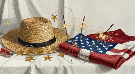 Patriotic Summer Still Life: Straw Hat, Sparkler, and American Flag