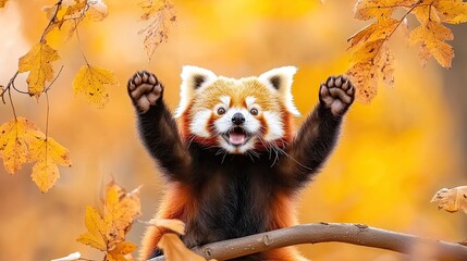 Fototapeta premium Happy Red Panda Welcomes Autumn Leaves