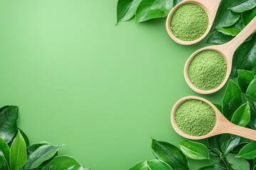 Green Tea Powder Spoons and Leaves Background