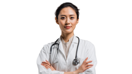 Asian female doctor with stethoscope isolated on transparent background