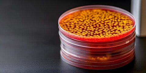 Fototapeta premium Closeup Stacked Petri Dishes Red Agar Yellow Colonies Microbiology Lab