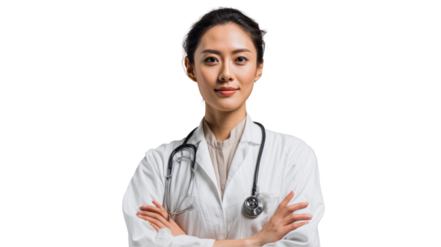 Asian female doctor with stethoscope isolated on transparent background