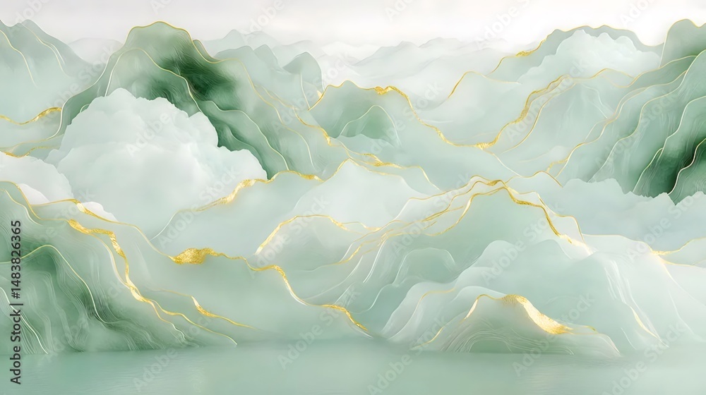 Aufkleber 黄金色のアクセントを持つ抽象的な緑の山の風景デザインの壁紙アートワーク