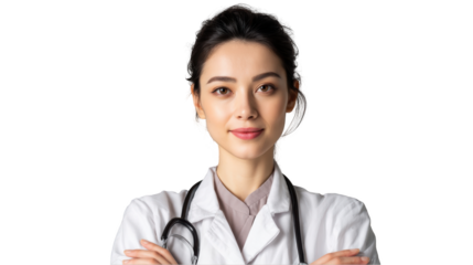Young female doctor with arms crossed isolated on transparent background