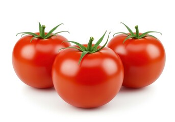 Three ripe tomatoes with green stems on a white background