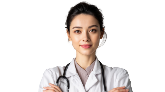 Young female doctor with arms crossed isolated on transparent background