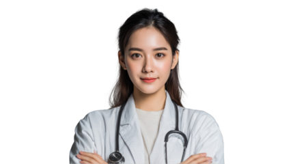 Young female doctor with arms crossed isolated on transparent background