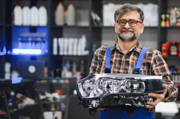 Salesman holding headlight in auto parts store