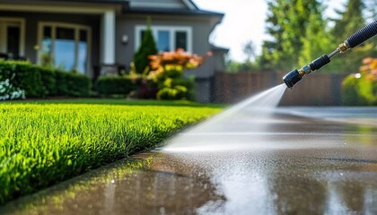 Pressure Washing Driveway in Front of a House