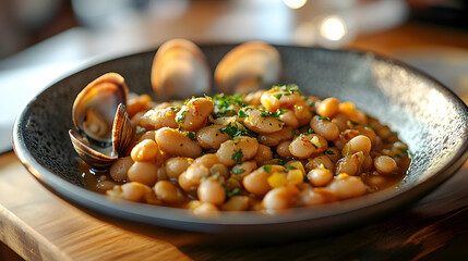 A plate of Alubias con Almejas, Beans with Clams, featuring plump beans and tender clams in a savory broth, served in a shallow bowl