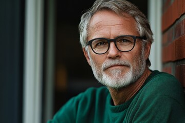 Outdoor portrait of 50 - 55 year old man wearing green pullover and eyeglasses, light shade image
