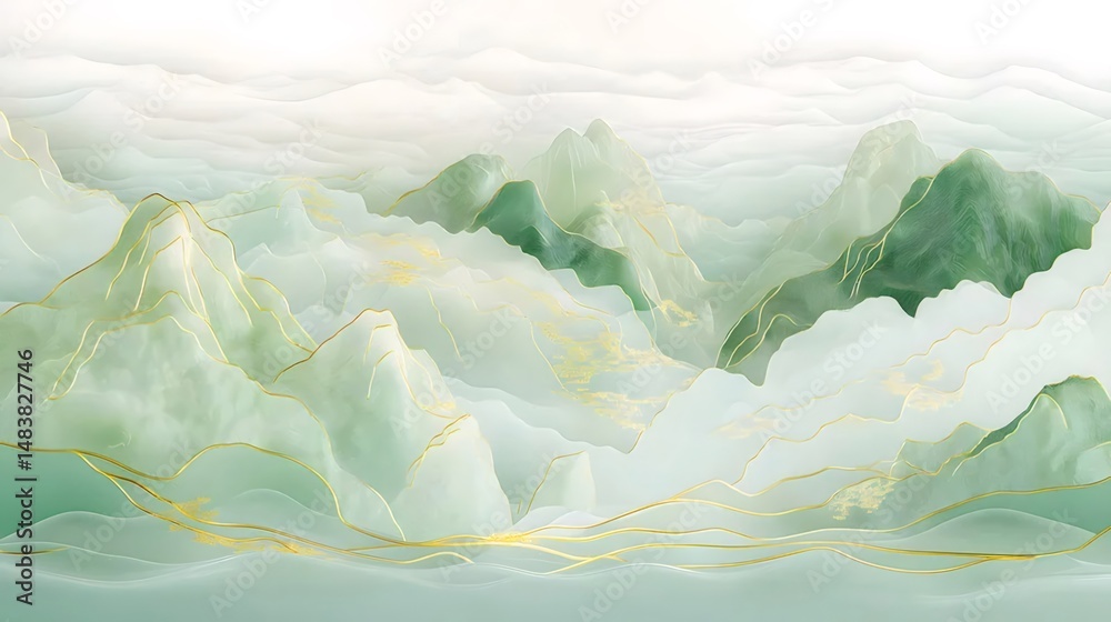 Aufkleber ソフトグリーンとゴールドの抽象的な山の風景水彩イラストと東洋風の背景に優雅なミニマリストデザイン