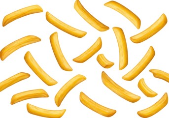 Scattered french fries on a white background