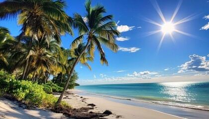 Tropical Beach with Palm Trees and Sunlight