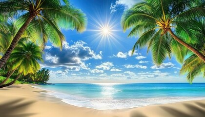 Fototapeta premium Tropical Beach with Palm Trees and Sunlight