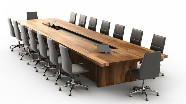 Modern conference table made of reclaimed wood surrounded ergonomic chair integrated power outlet sleek cable management solution minimalist design support professional clutter free workspace