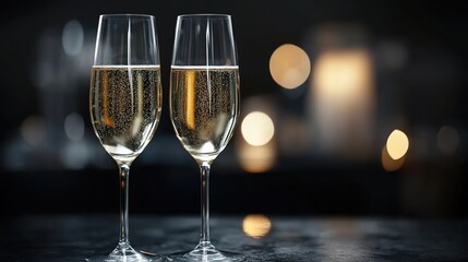 Two Champagne Glasses with Bubbles Against a Bokeh Background