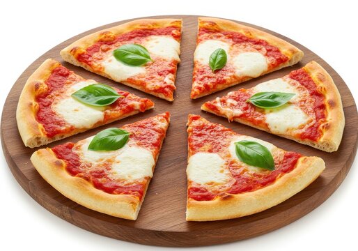 Six slices of margherita pizza with basil on a wooden board - Powered by Adobe