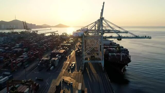 Wide aerial of bustling sea port at sunrise cranes unloading containers from massive cargo ship