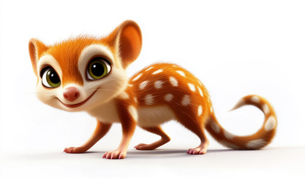 3D cartoon quoll smiling and looking at viewer on white background