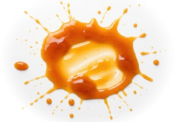 Orange sauce splash with droplets on a white surface