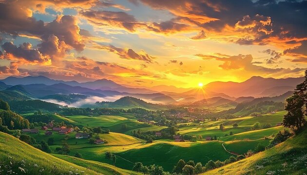 Sunset over a picturesque countryside with rolling hills and scattered houses