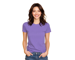 Smiling woman in purple t-shirt isolated on transparent background.