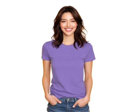 Smiling woman in purple t-shirt isolated on transparent background.