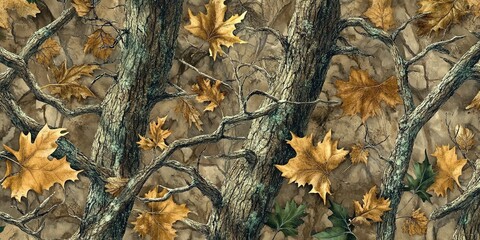 Obraz premium Camouflage Pattern with Tree Branches and Leaves
