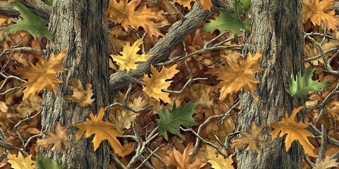 Autumn Leaves and Tree Trunks in a Forest