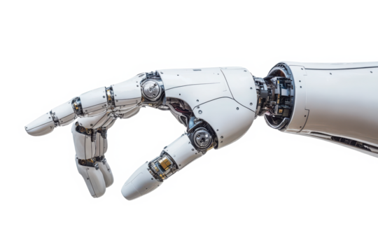 Robotic arm pointing finger on transparent background