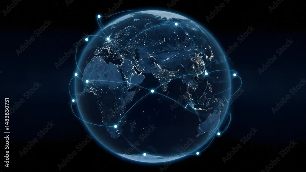 Poster digital globe with interconnected dots displaying global network and connectivity on dark background