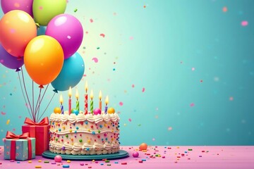 Festive birthday clipart featuring colorful balloons, cake, and presents , birthday, joyous
