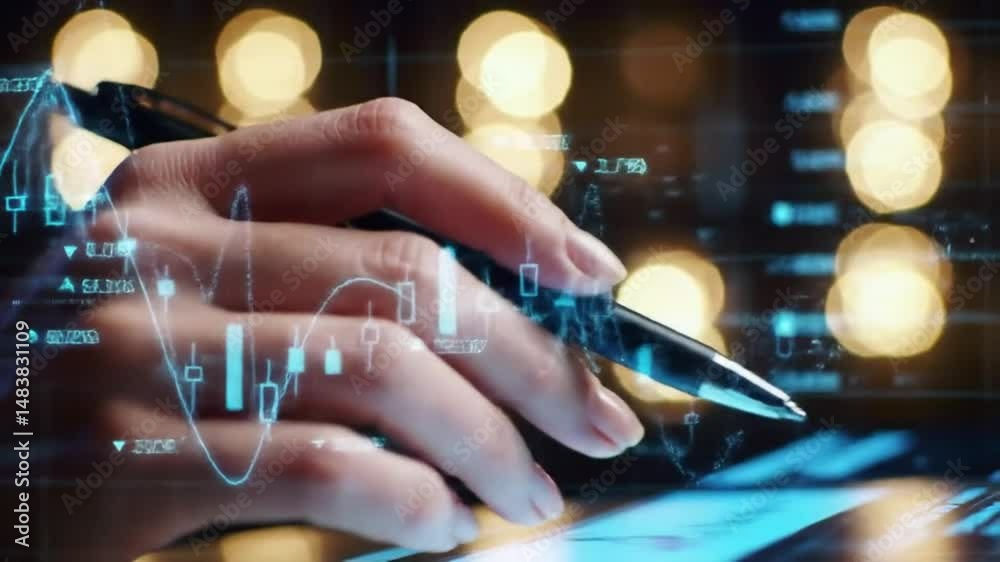 Poster hand holding pen analyzing stock market charts on digital display with bokeh background in warm colo