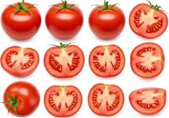 Fototapeta premium Arrangement of whole and sliced tomatoes on a white background