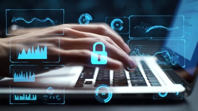 Hands Typing On Laptop with Glowing Blue Padlock Data Protection and Cybersecurity