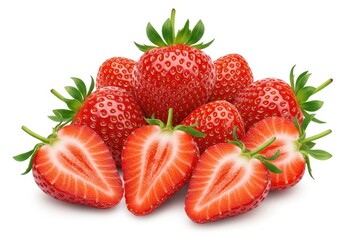 Pile of fresh ripe strawberries with some halved isolated on a white background