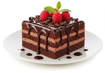 A square piece of chocolate layer cake with raspberries and mint on a white plate