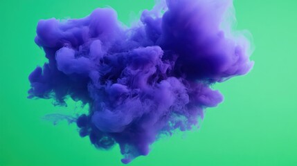 Fototapeta premium Dramatic violet ink cloud suspended mid-air against vibrant spring green