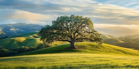 Fototapeta premium A solitary oak tree stands on a grassy hillside with rolling hills and mountains in the background under a partly cloudy sky.