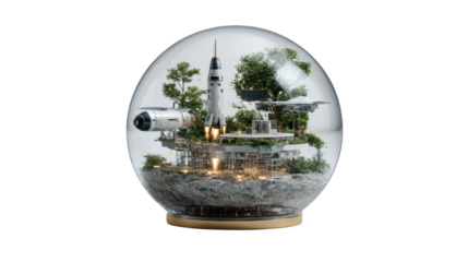 Futuristic city with rocketships and greenery inside a glass dome on black
