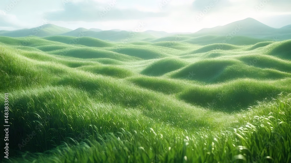 Aufkleber 緑豊かな草が茂る丘陵地帯に広がる穏やかな景色 穏やかな太陽の光が背景の丘を照らす