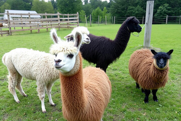 Alpacas and Llamas Grazing in a Lush Green Pasture with Fencing
