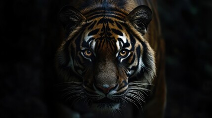 Obraz premium Intense gaze of a sumatran tiger emerging from the darkness revealing power
