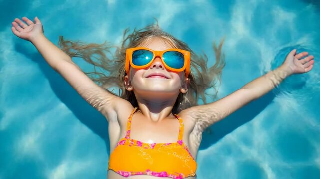 happy young Caucasian girl smiling floating in blue pool with bright sunlight, cheerful kid in summer holiday	
