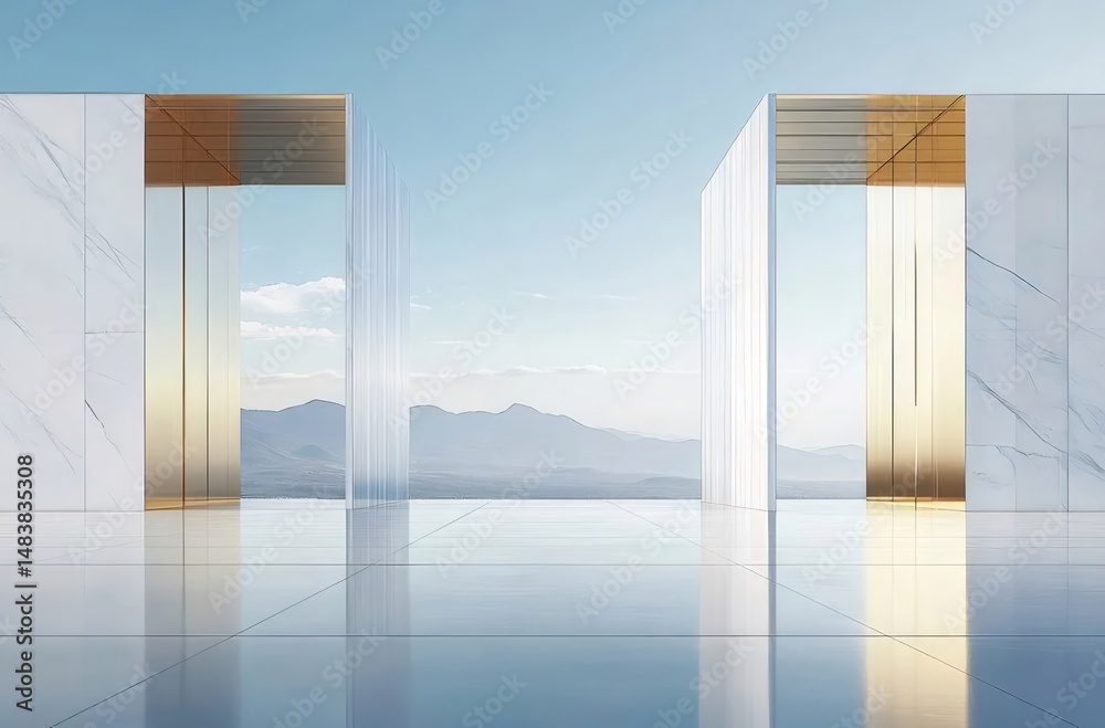 Poster ミニマリストの建築抽象化 青い空を背景にした大理石とガラスの幾何学的構造 リフレクションのある静かな風景